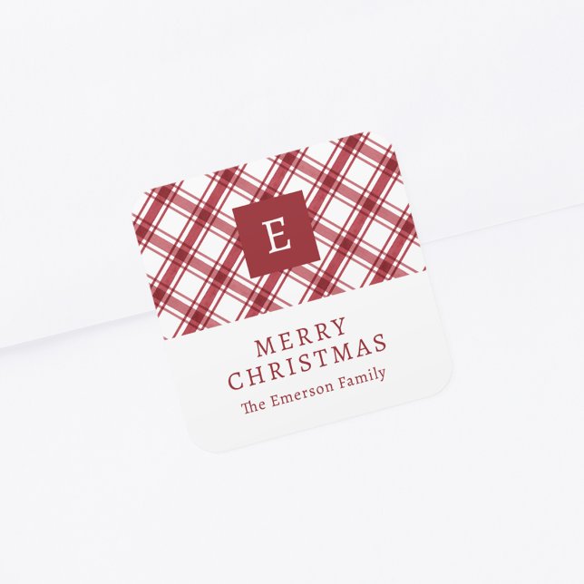 Monogram Red Plade Sticker Fyrkantigt Klistermärke (Monogram Red Plaid Sticker
)