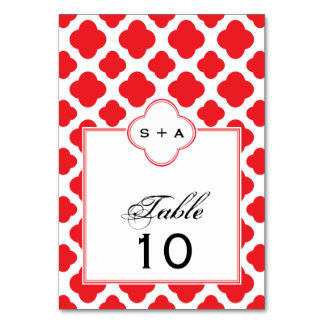 Monogram Red Quatrefoil Mönster Bröllop Bordsnummer