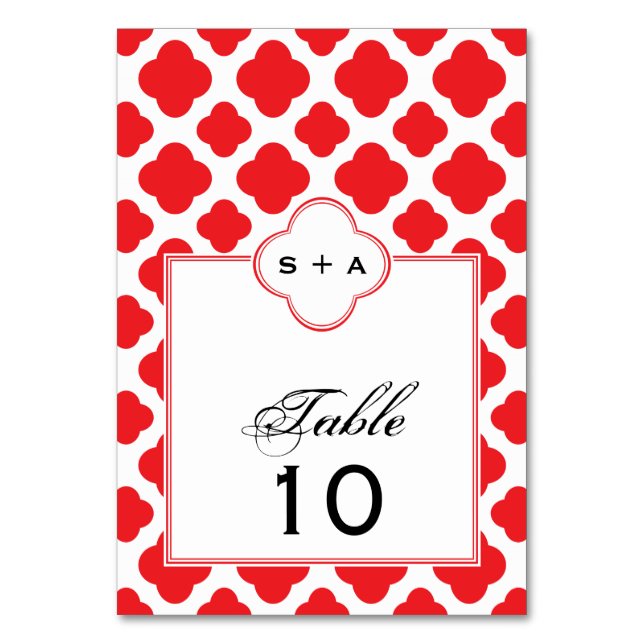 Monogram Red Quatrefoil Mönster Bröllop Bordsnummer (Framsidan)
