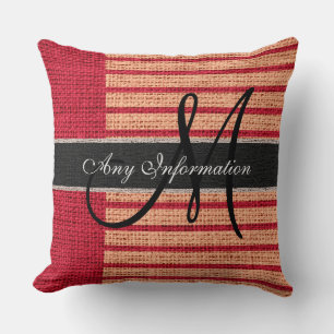 Monogram Red Rand Burlap Rustic Jute Kudde