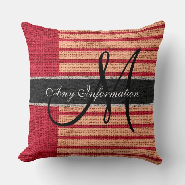 Monogram Red Rand Burlap Rustic Jute Kudde (Framsida)