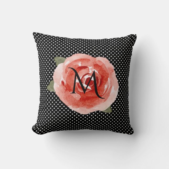 Monogram Red Rose Black White Polka Dots Kudde (Framsida)