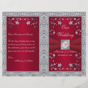 Monogram Red, Silver Foil-LOOK-Bröllopsprogram
