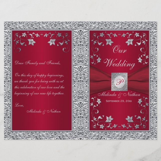 Monogram Red, Silver Foil-LOOK-Bröllopsprogram (Framsida)