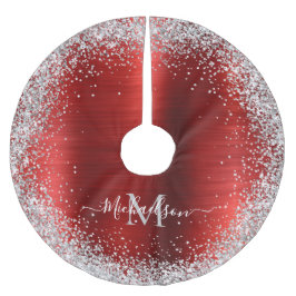 Monogram Red Silver Glitter Girly Glam Julgransmatta Borstad Polyester
