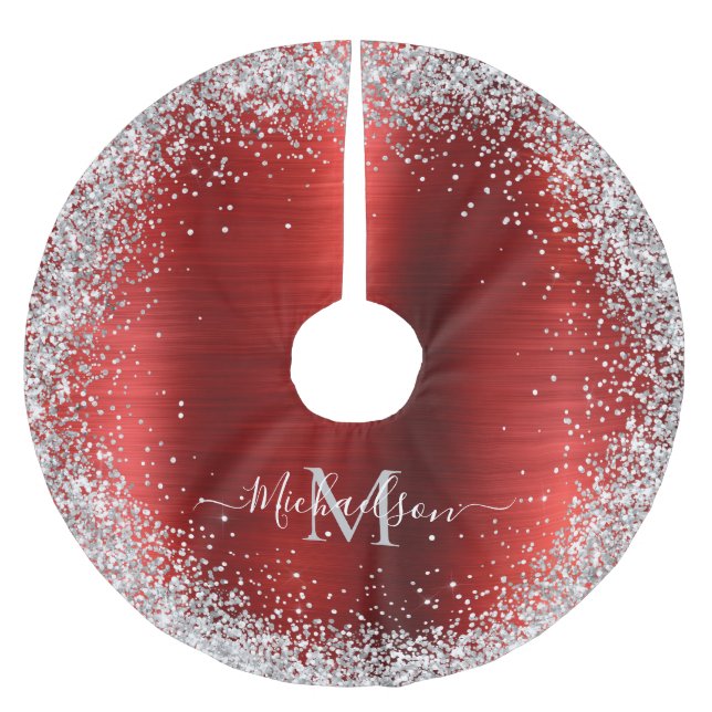 Monogram Red Silver Glitter Girly Glam Julgransmatta Borstad Polyester (Framsidan)