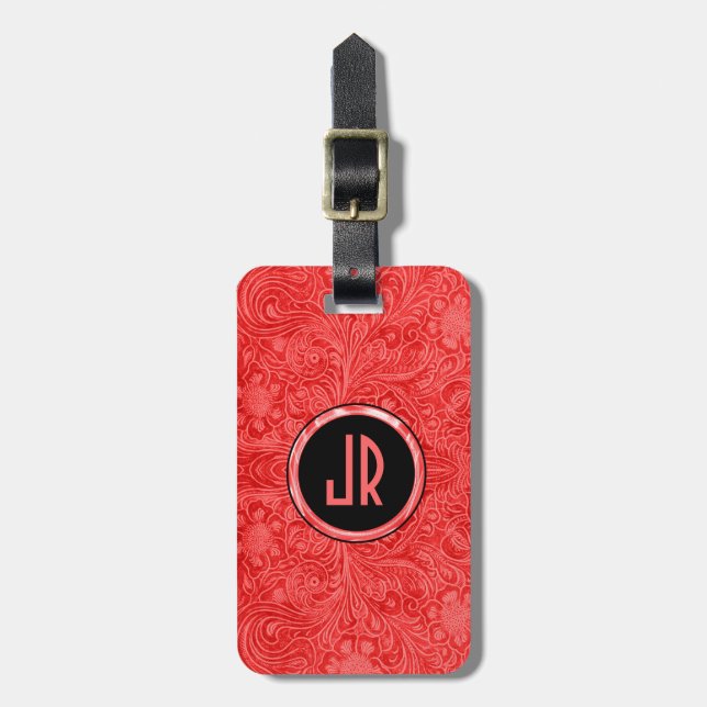 Monogram Red Suede Leather Blommigt Design Bagagebricka (Vertikal Framsida)