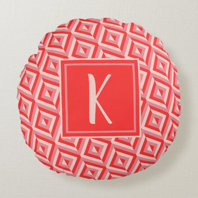Monogram Red Three Tone Diamond Mönster Rund Kudde (Framsidan)