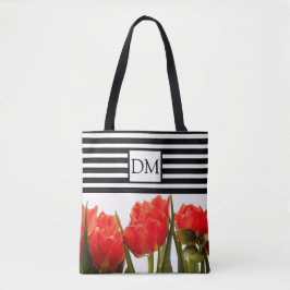 Monogram Red Tulips med Black Rand Tote Bag Tygkasse