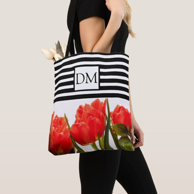 Monogram Red Tulips med Black Rand Tote Bag Tygkasse (Närbild)