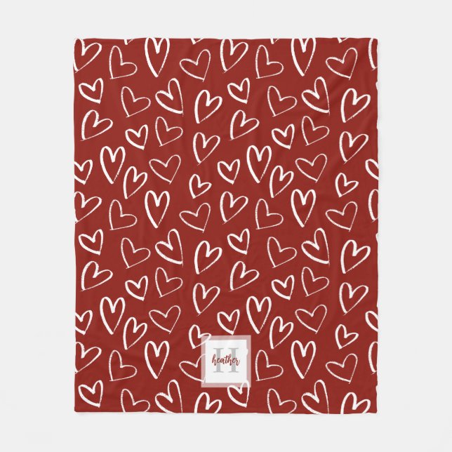 Monogram Red Valentine Heart Mönster Fleecefilt (Framsidan)