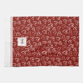 Monogram Red Valentine Heart Mönster Kökshandduk