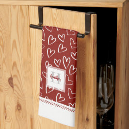 Monogram Red Valentine Heart Mönster Kökshandduk