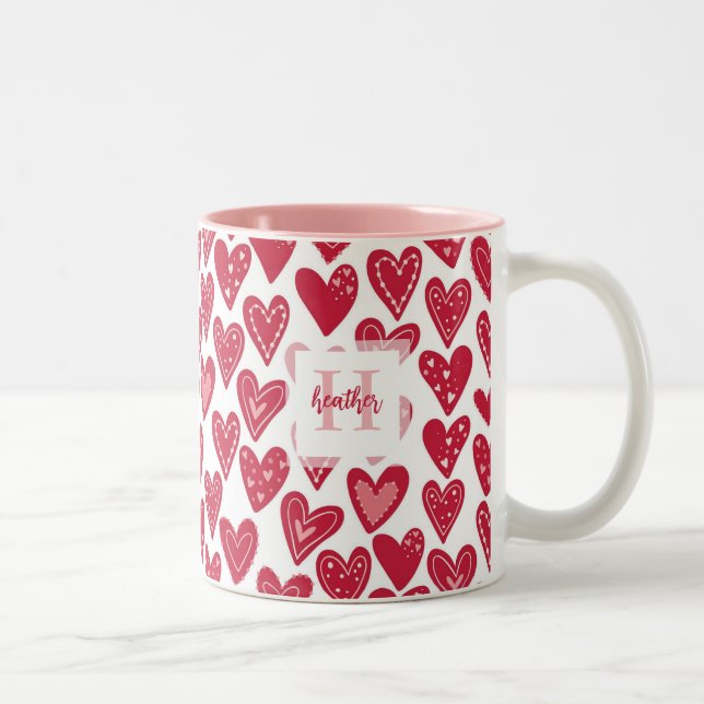 Monogram Red Valentine Heart Mönster Två-Tonad Mugg (Höger)