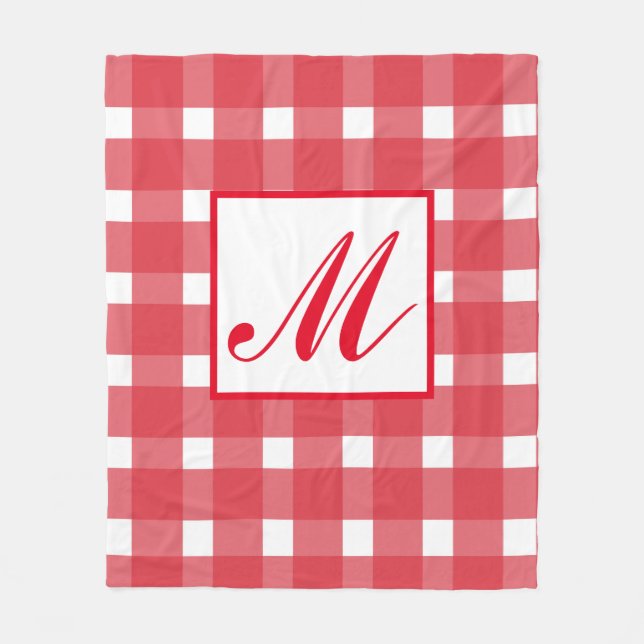 Monogram Red White Gingham Mönster Fleecefilt (Framsidan)