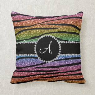 Monogram regnbåge i zebra ränder glitter kudde