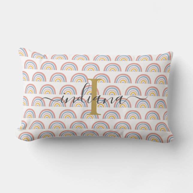 Monogram regnbåge vattenfärg boho skript  lumbarkudde (Framsida)