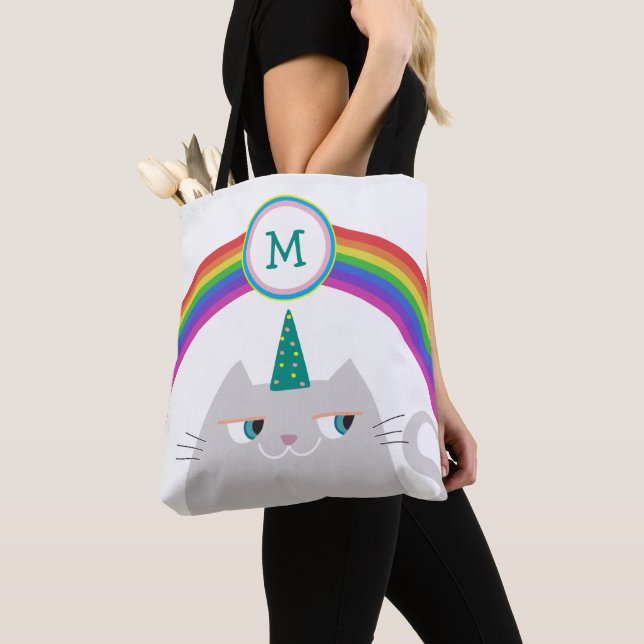 Monogram regnbågskatt toteväska söt enhörning tygkasse (Närbild)