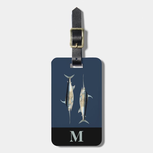 Monogram Resa Blå Grå Svärdfisk Fiskar Bagagebricka (Vertikal Framsida)