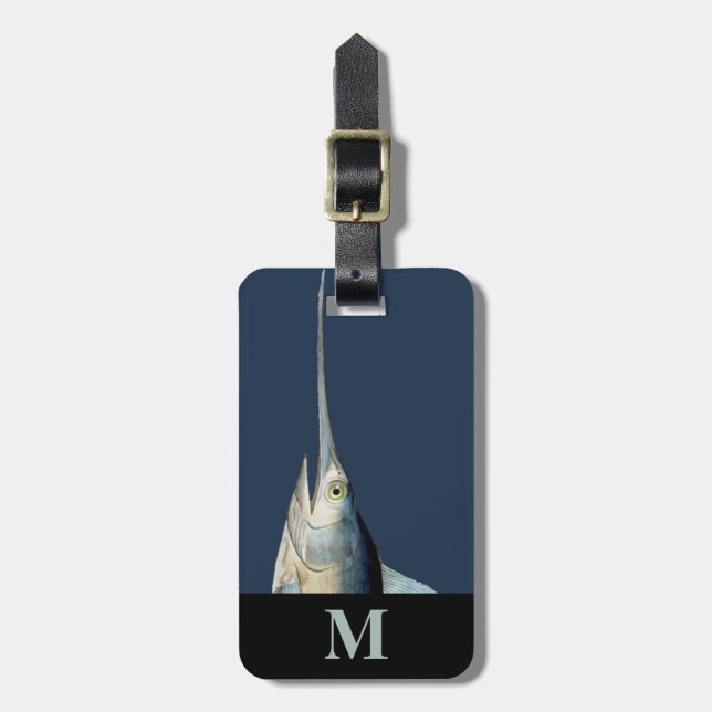 Monogram Resa Blå Grå Svärdfisk Fiskhuvud Bagagebricka (Vertikal Framsida)
