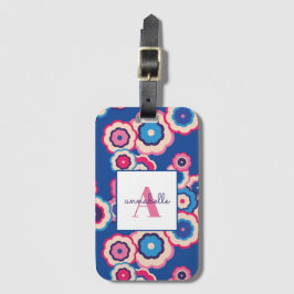 Monogram Retro Blå Rosa Blommig Kraft Personlig Bagagebricka