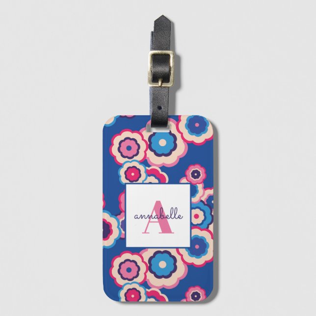 Monogram Retro Blå Rosa Blommig Kraft Personlig Bagagebricka (Framsida vertikal)