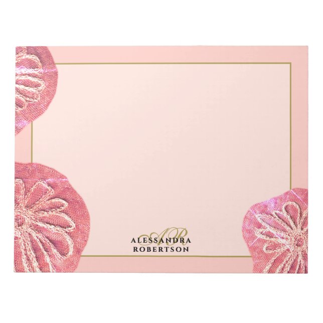 Monogram Retro Blommig Rosa Guld Persika Chic Anteckningsblock (Framsida)