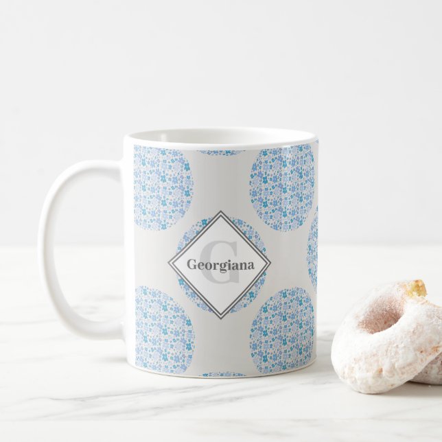 Monogram Retro Blommigts Berry Blues Polka Dot Kaffemugg (Med munk)