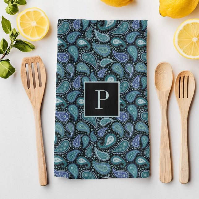 Monogram Retro Blue Paisley Mönster Kökshandduk (Monogram Retro Blue Paisley Pattern Kitchen Towel)