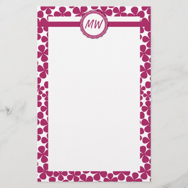 Monogram Retro Flower Mönster Acai Rosa och White Brevpapper (Framsida)