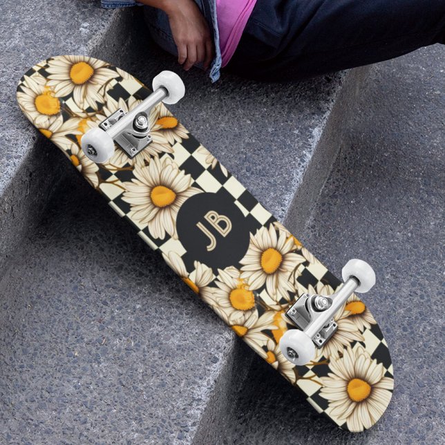 Monogram Retro Groovy Daisy Rutig Schackbräde Mini Skateboard Bräda 18,5 Cm (Skapare uppladdad)