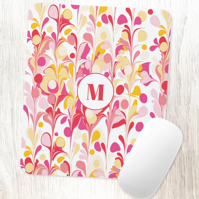 Monogram Retro Marble Abstract Pattern Pink Musmatta (Modern retro pink yellow marble pattern personalized monogram initial mousemat)