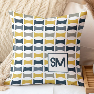 Monogram Retro Mid Century Geometric Navy, Mustard Kudde