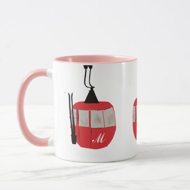 Monogram Retro Red Ski Gondola Hiss Personlig Mugg (Vänster)
