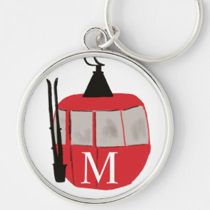 Monogram Retro Red Ski Gondola Hiss Personlig Rund Silverfärgad Nyckelring