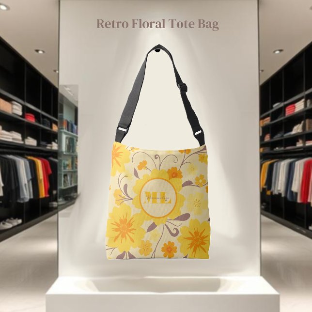Monogram Retro Sunshine Blommigt-Gula blommor Axelväska (Monogram Retro Sunshine Floral-Yellow Flowers Crossbody Bag )