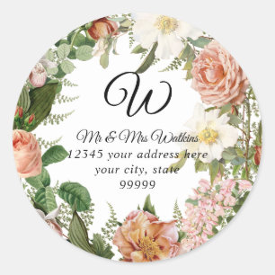 Monogram Returadress Blush Elfenbensfärgad Peon7 B Runt Klistermärke