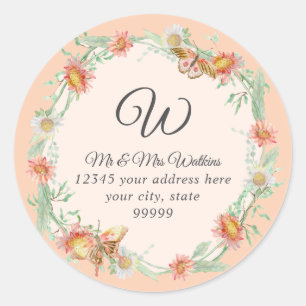 Monogram Returadress Fersken Elfenben Korall Blomm Runt Klistermärke