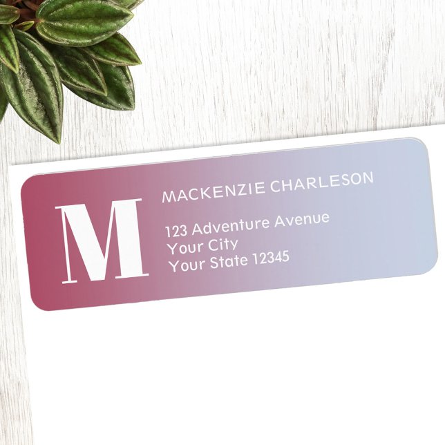 Monogram Returadress för inledande Rosa av blå öve Etikett (Modern monogram initial name pink blue gradient personalized return address labels)