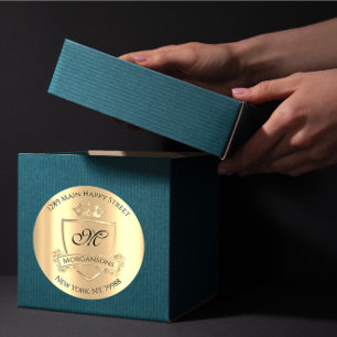 Monogram Returadress Krona Royal Champagne Guld Runt Klistermärke