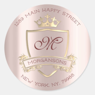 Monogram Returadress Krona Royal Guld Rosa ros Runt Klistermärke