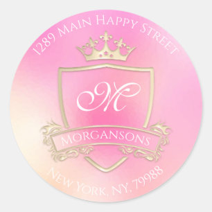 Monogram Returadress Krona Royal Holograph Rosa Runt Klistermärke