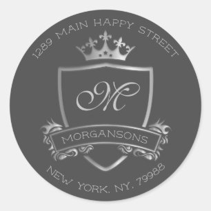 Monogram Returadress Krona Royal Silver VIP Runt Klistermärke
