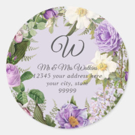 Monogram Returadress Lavendel Peony Rosor Runt Klistermärke