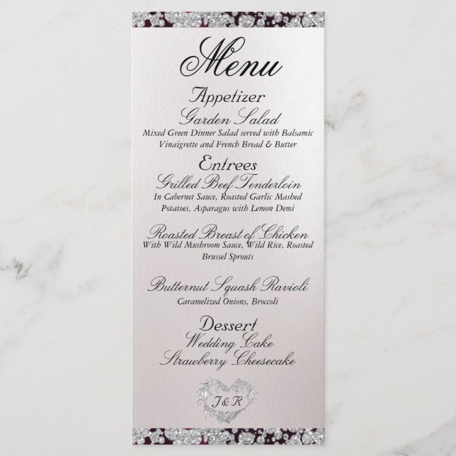 Monogram, Ribbon & Glitter - Lila Bröllop Meny (Framsida)