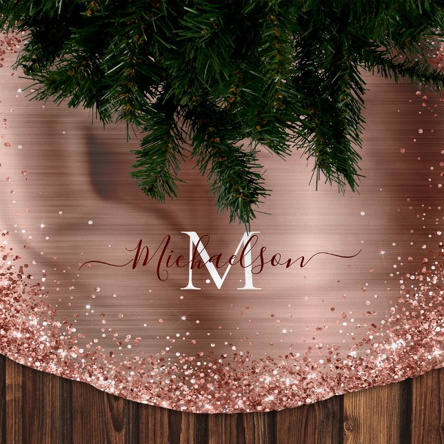 Monogram Ro Guld Faux-Glitter Girly Glam Julgransmatta Borstad Polyester (Rose Gold Glitter Monogram Christmas Tree Skirt)