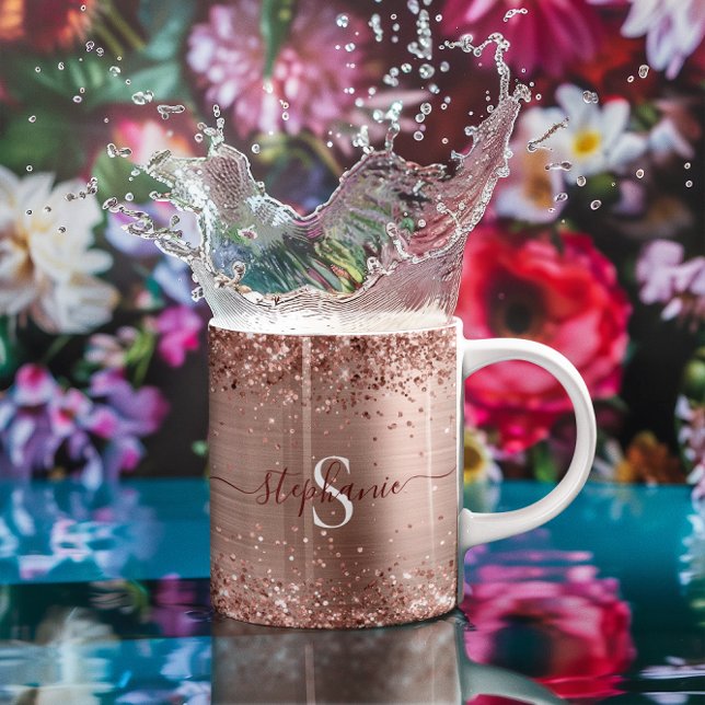 Monogram Ro Guld Faux-Glitter Girly Glam Kaffemugg (Monogram Rose Gold Glitter Girly Glam Coffee Mug)