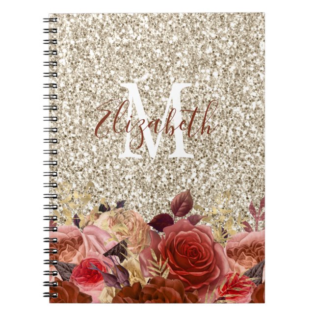 Monogram Ro Guld Flowers Light Guld Glitter Anteckningsbok (Framsidan)