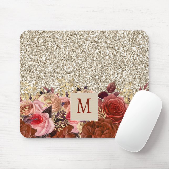 Monogram Ro Guld Flowers Light Guld Glitter Musmatta (Med mus)