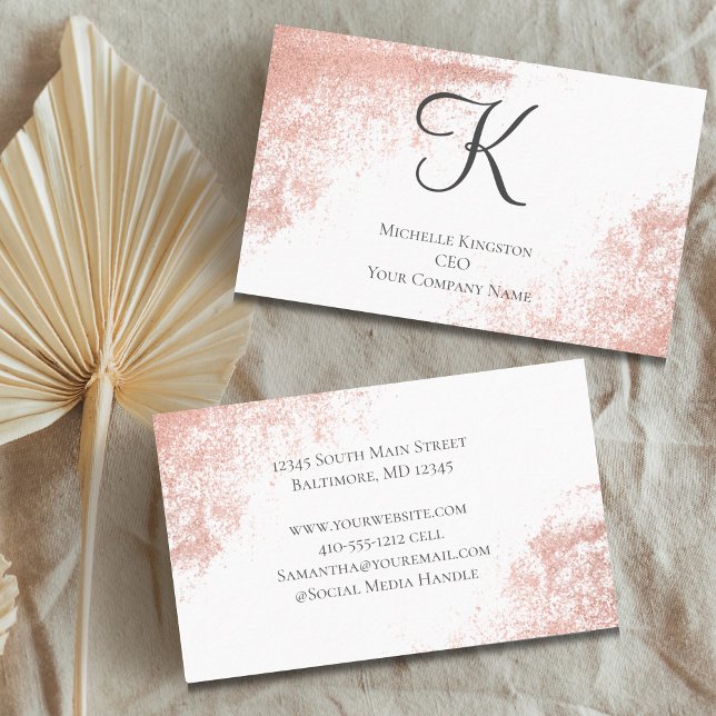 Monogram Ro Guld Glitter Glam Trendig Kvinnor Visitkort (Monogram Rose Gold Feminine Business Cards, Glam and Trendy.)